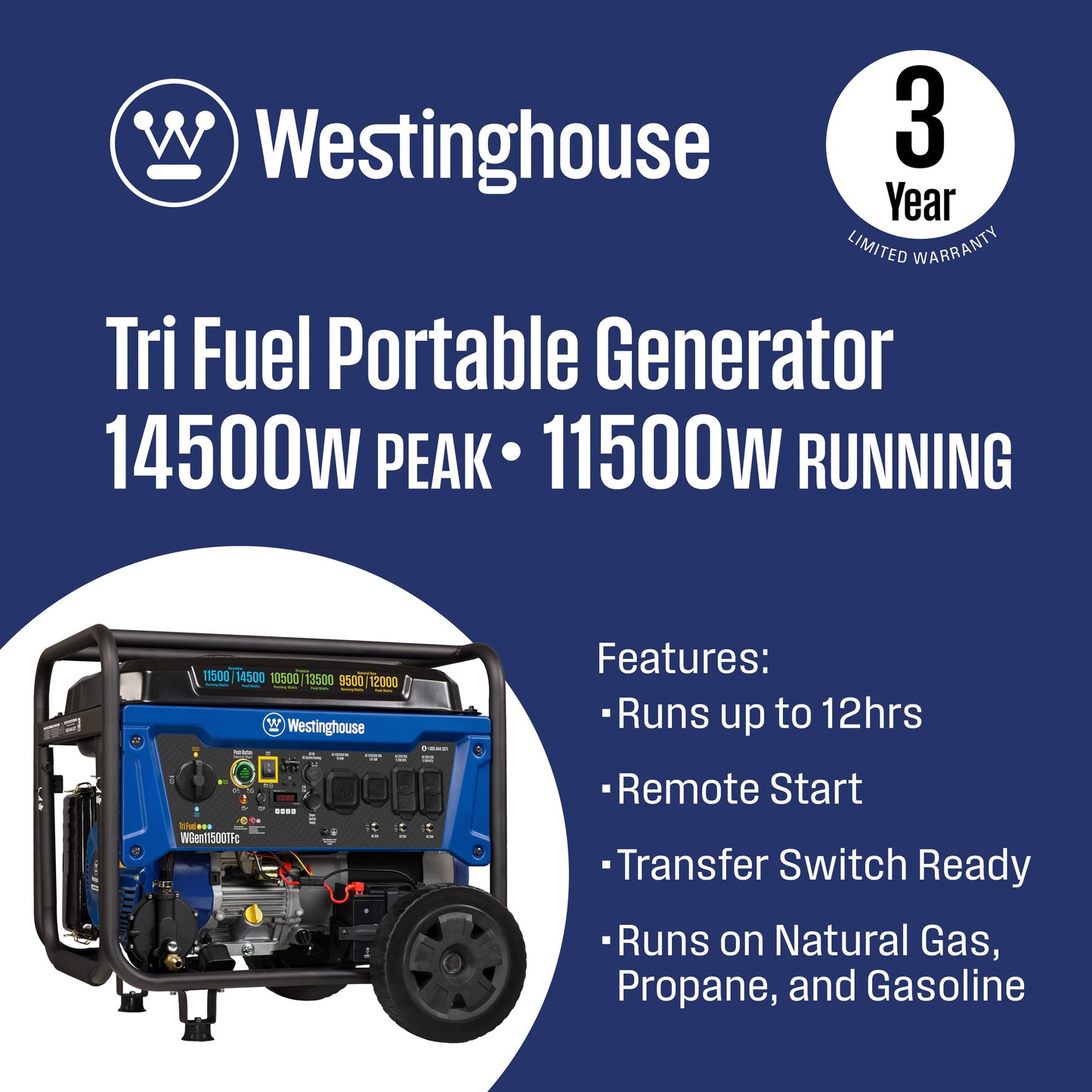 Westinghouse WGen11500TFc Tri-Fuel Portable Generator 11500W