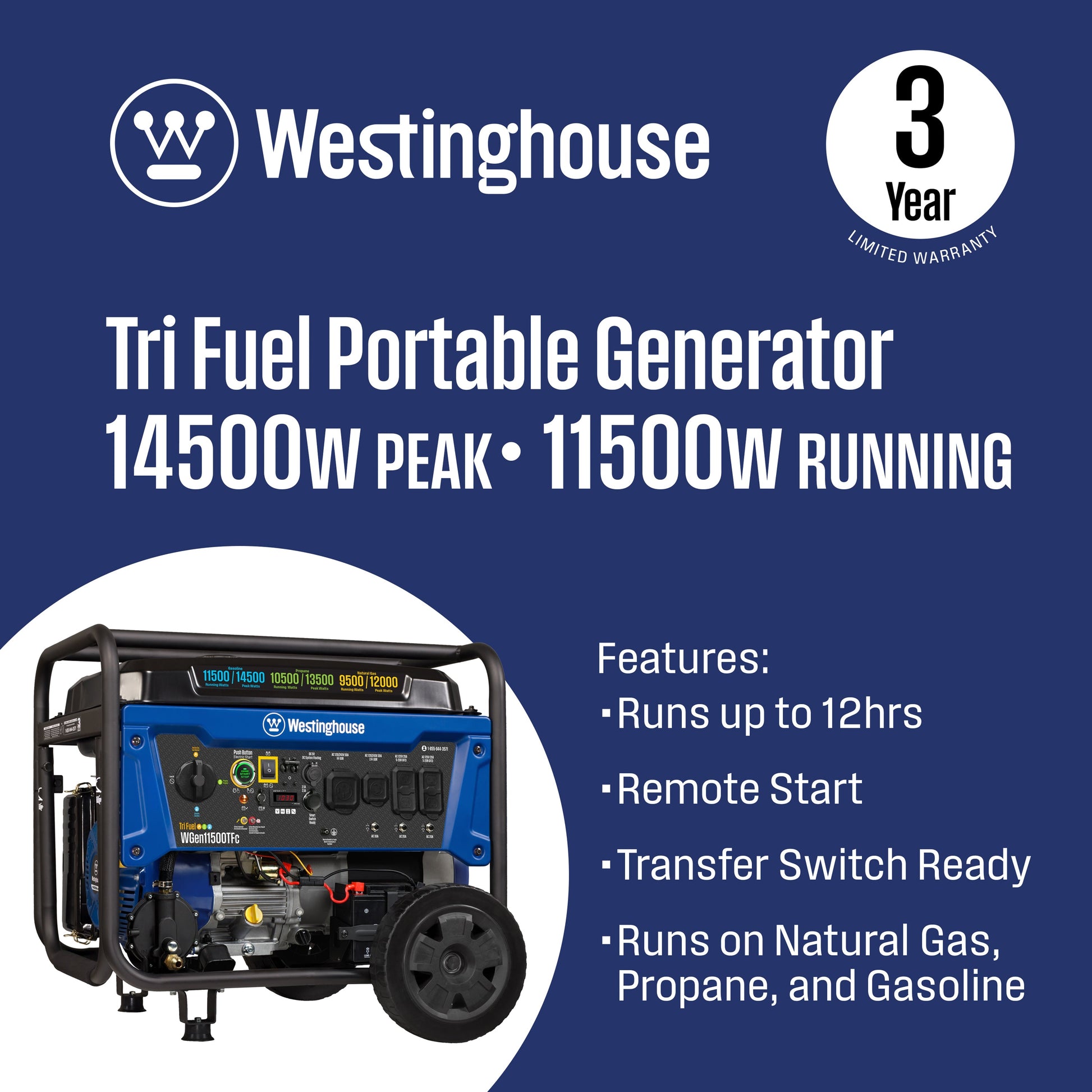Westinghouse WGen11500TFc Tri-Fuel Portable Generator 11500W