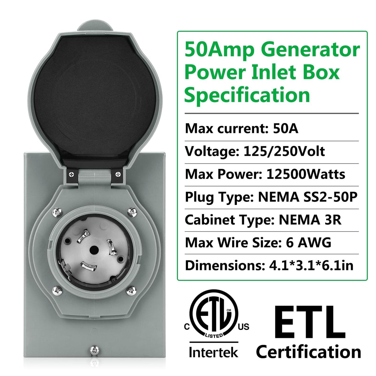 Rundik NEMA SS2-50P 50A Generator Power Inlet Box