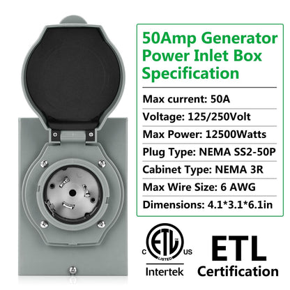 Rundik NEMA SS2-50P 50A Generator Power Inlet Box